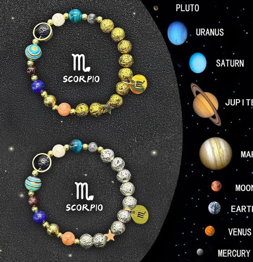 Two natural stone beaded bracelets showing zodiac sign charms on a wooden surface.