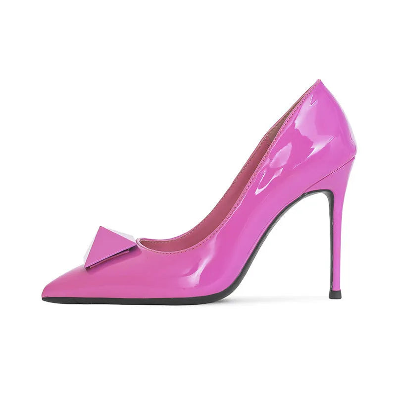 Women's pink pointed toe stiletto high heels with buckle closure and patent leather uppers
