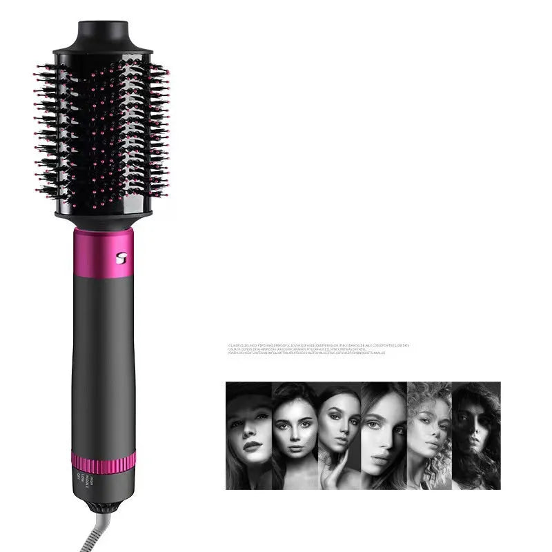 Dyson grey 5-in-1 hair dryer brush kit with five interchangeable styling heads on a white background.