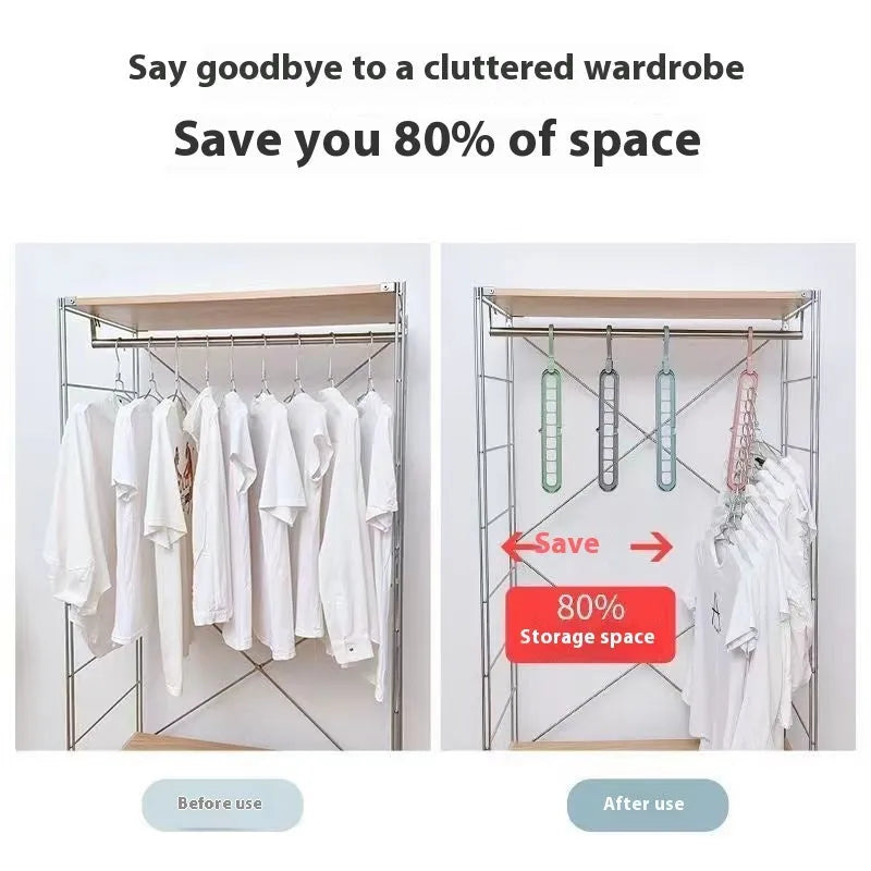 Green plastic multifunctional hanger with nine arms for folding trousers, shown hanging on a rail.