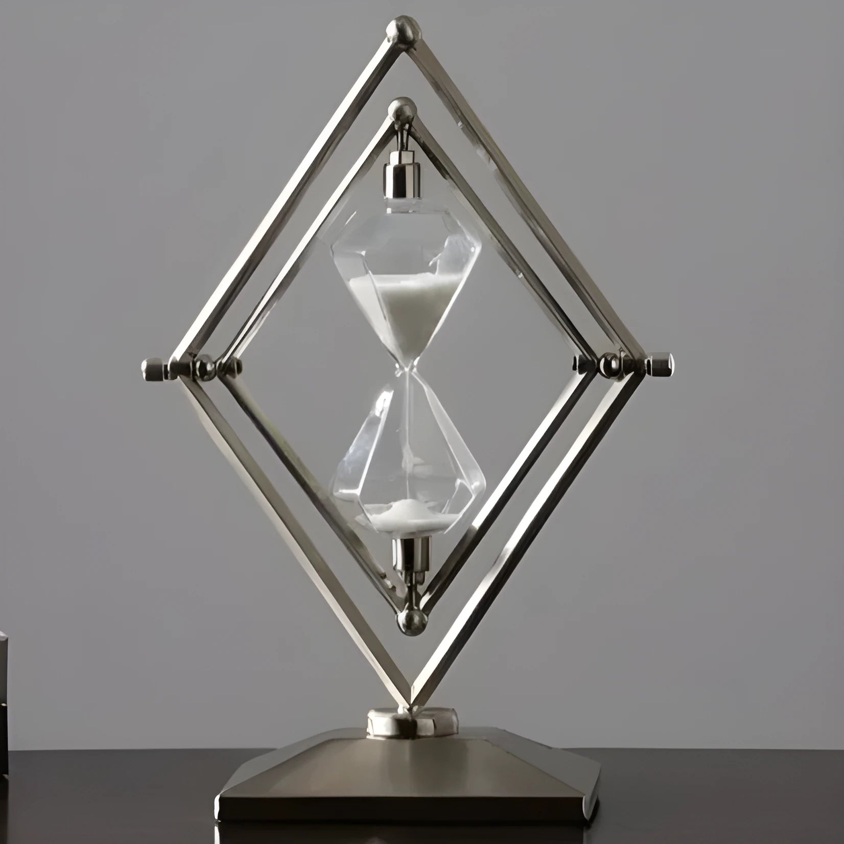 Glass sand clock with metal base showing coloured sand, in bronze or silver finish options.