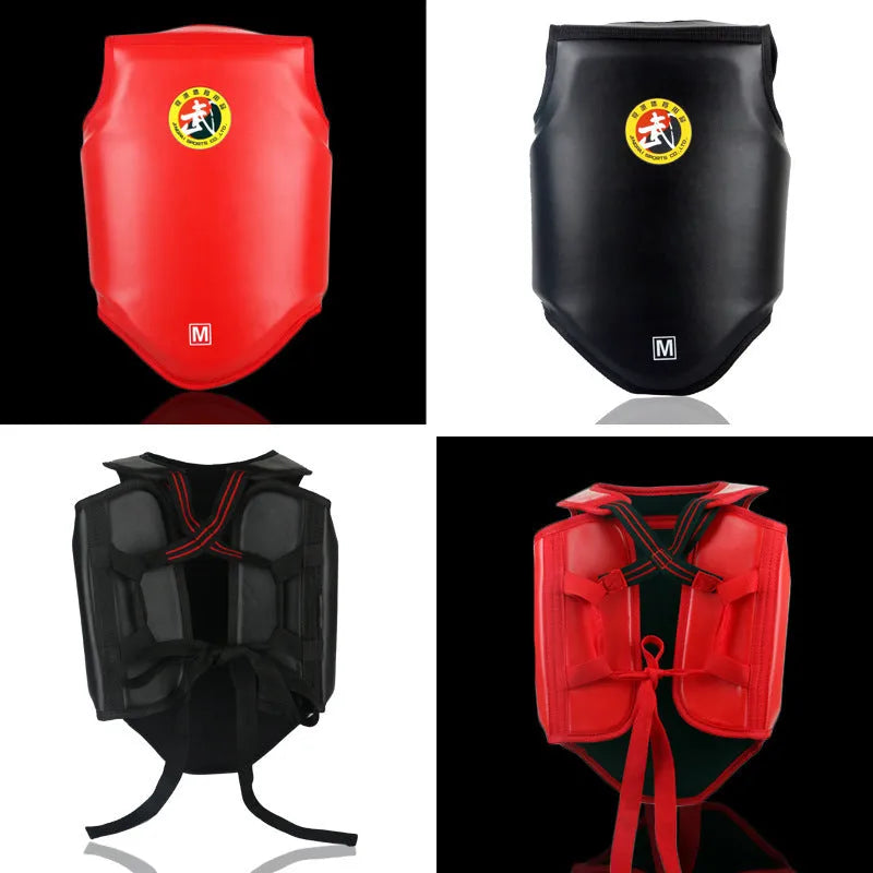 Red boxing helmet with integrated chest protector training gear shown from front