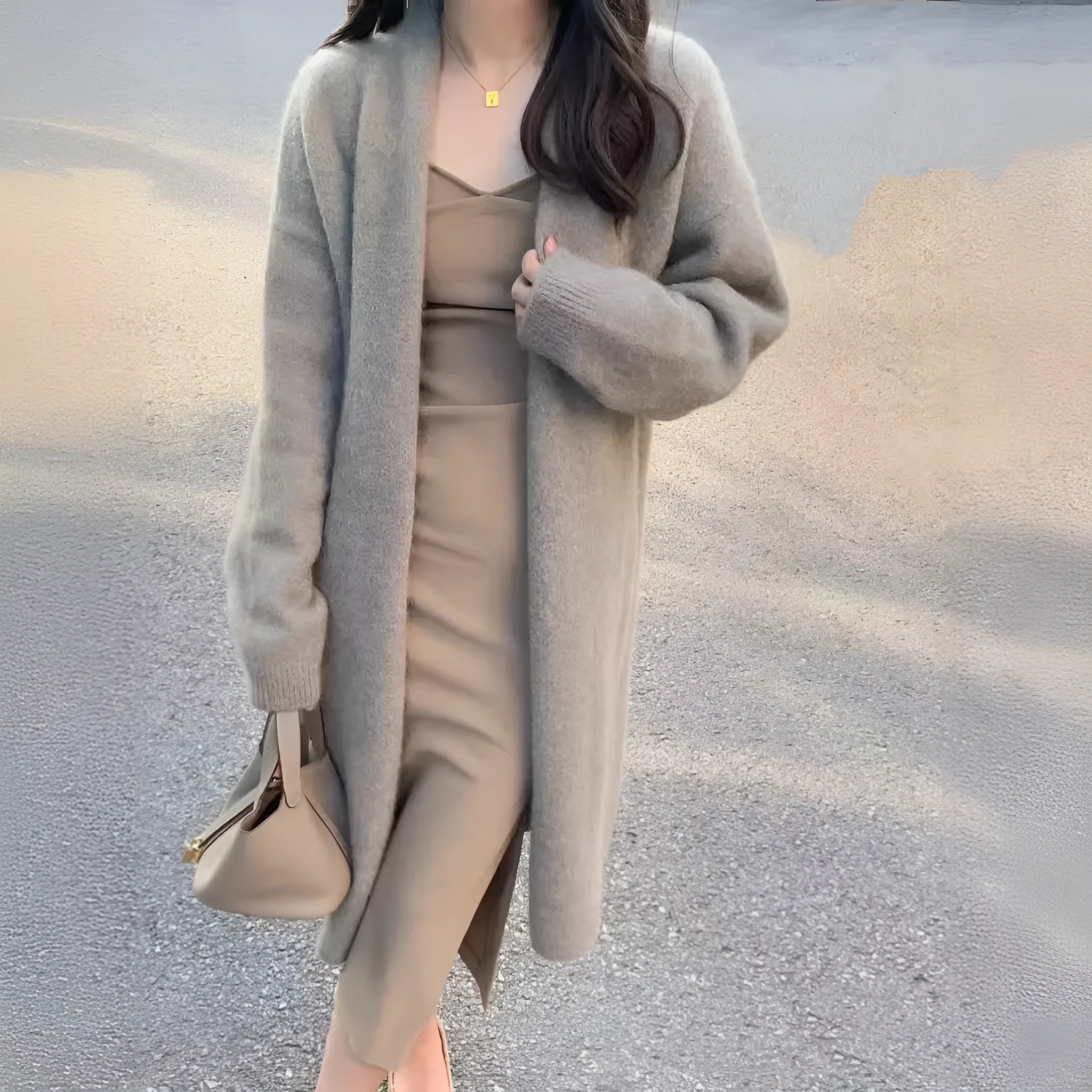 Women's knitted V-neck cardigan in loose fit showing mid-length silhouette and long sleeves