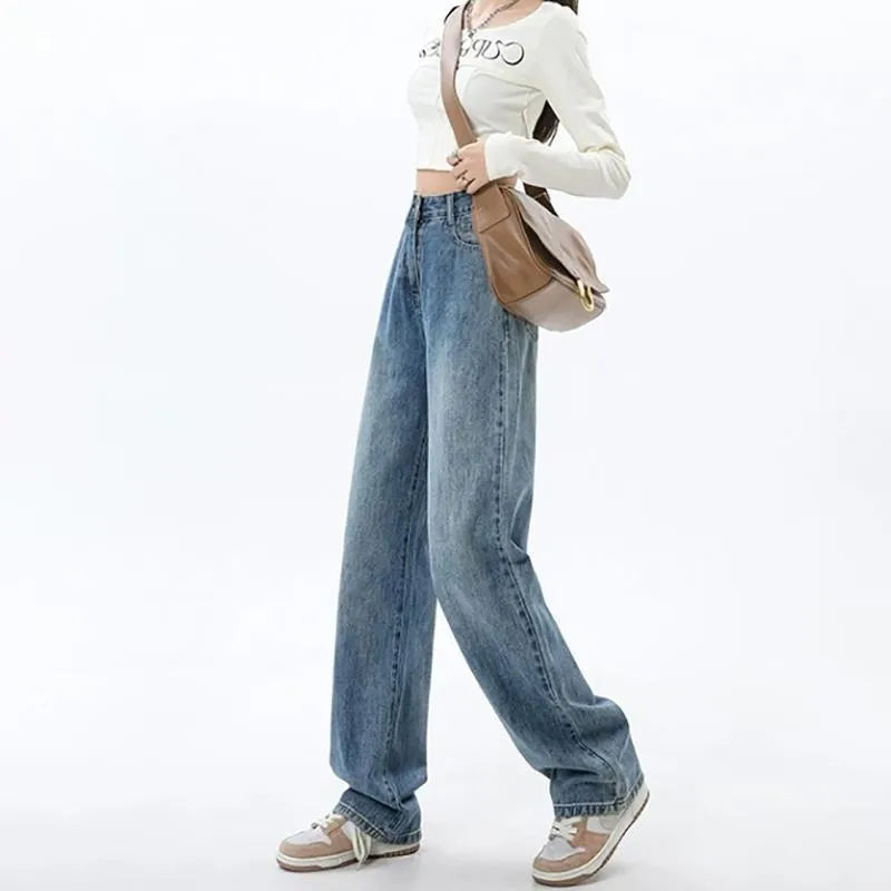 Women's retro blue high waist wide leg jeans with straight cut and stretch denim fabric