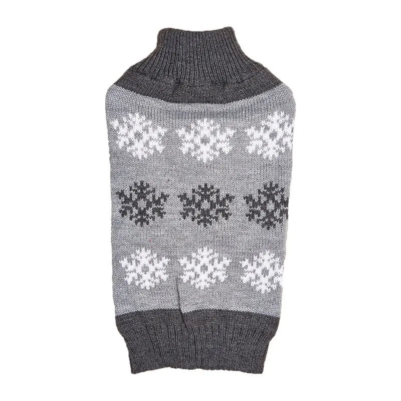 Dog wearing snowflake-patterned Christmas sweater in acrylic knit fabric