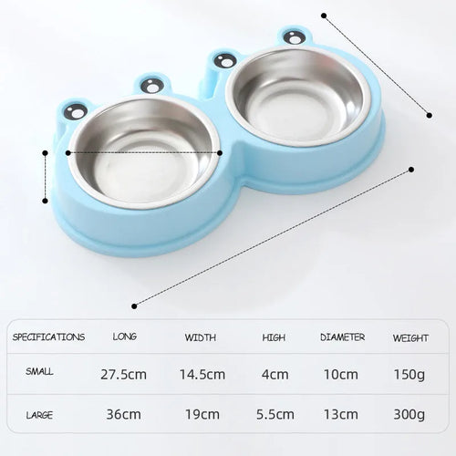 Stainless steel frog-shaped pet bowl set with separate food and water compartments