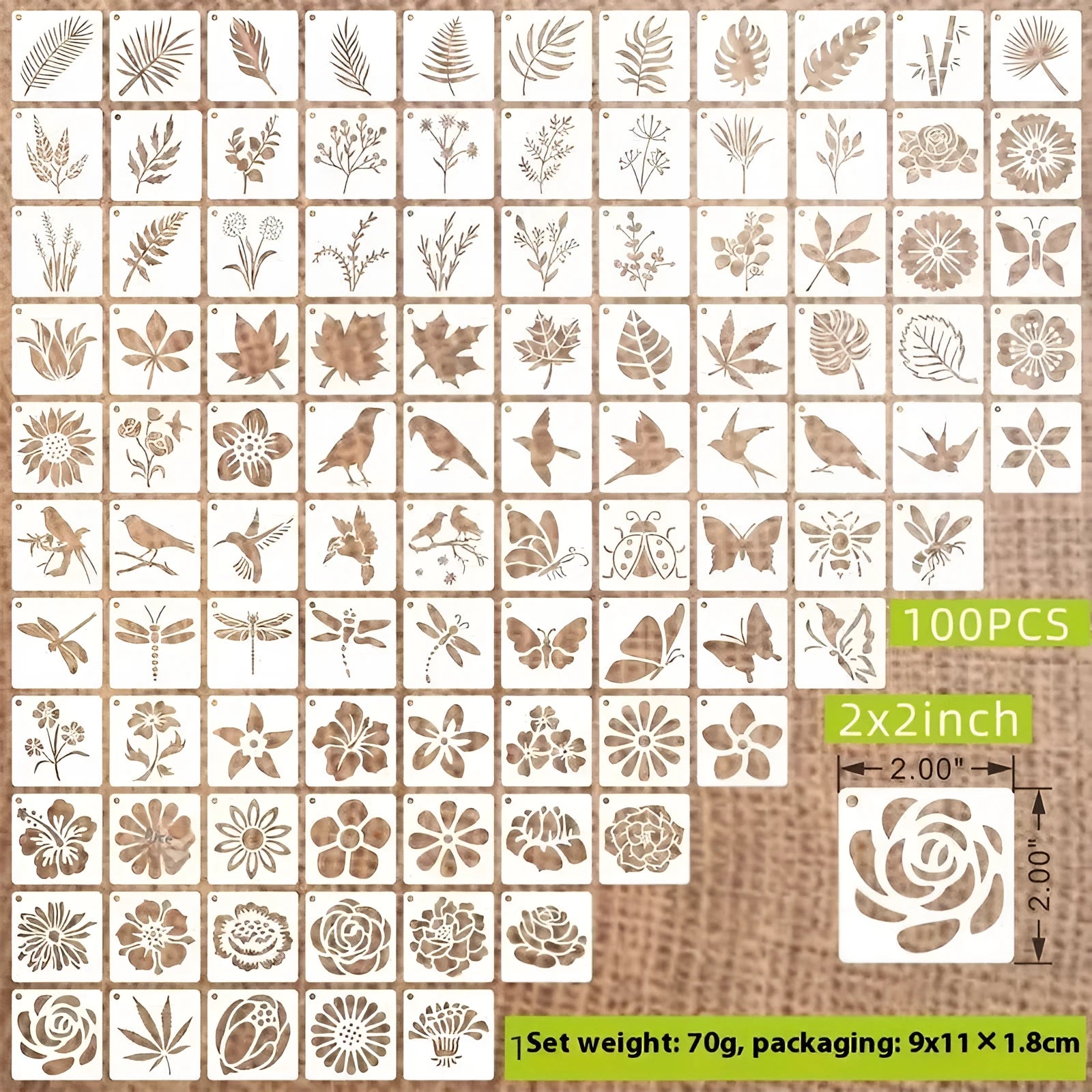 Milky white PET film hollow stencil sheets showing flower, animal, ocean, and letter designs for spray painting.