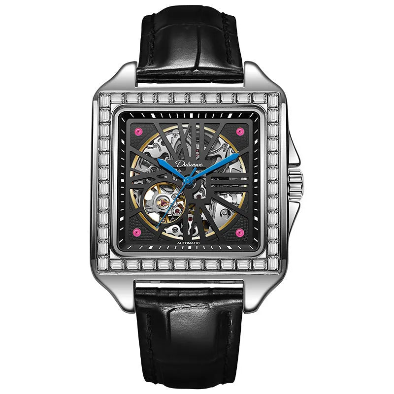 Men's square automatic watch with diamond-studded bezel on steel or leather strap
