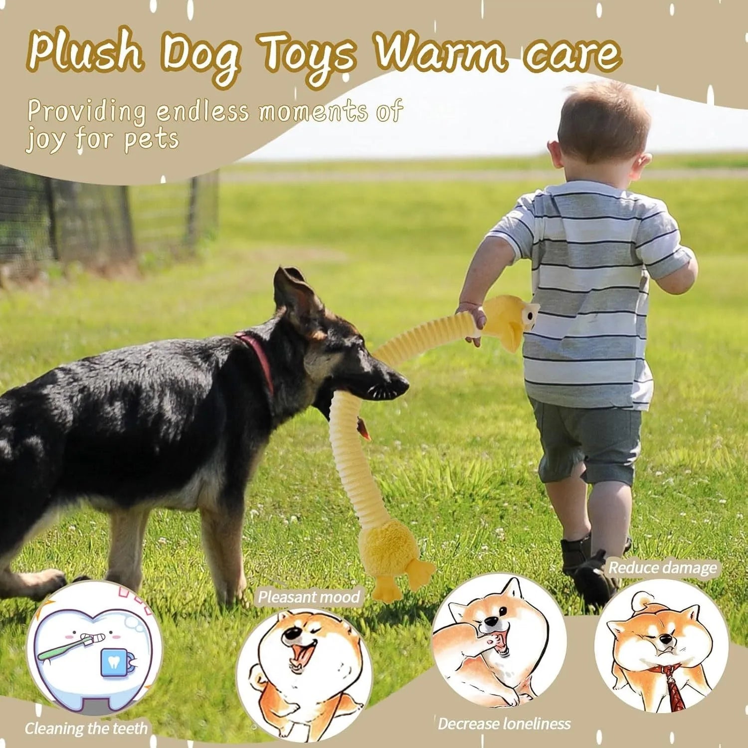 Plush stuffed dog toy with brown, gray or yellow colour options featuring crinkle and squeaker elements