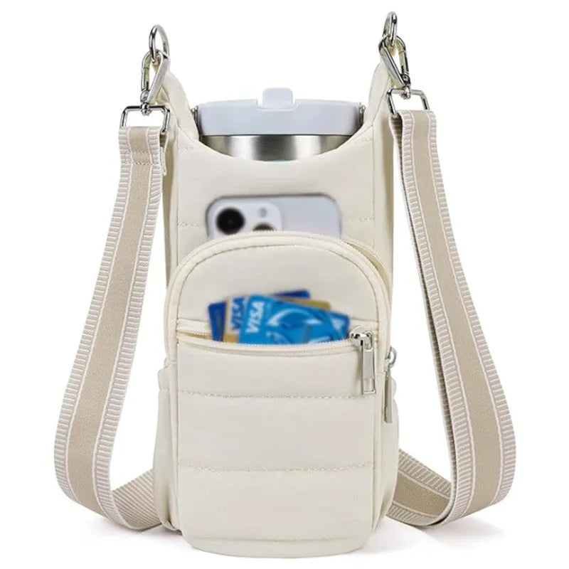 Cloth water bottle bag for bicycles in beige, black, or pink colours.
