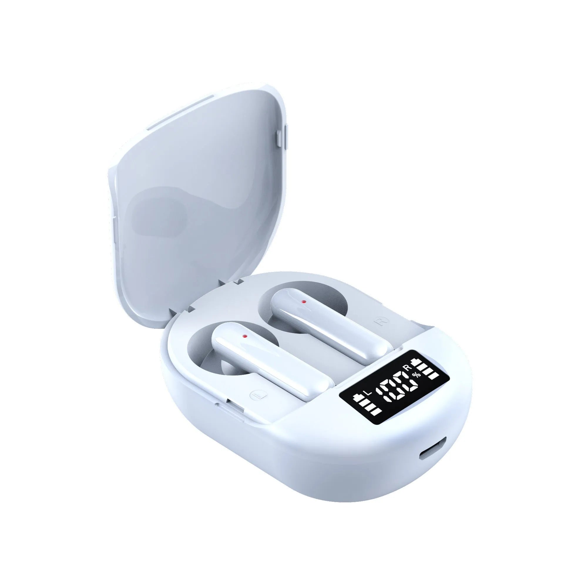 Black and white wireless Bluetooth in-ear headphones with a charging bin on a table.