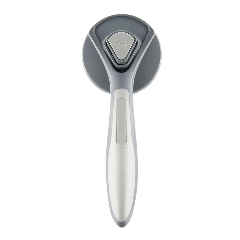 Grey green pink self-cleaning pet grooming brush with one-click button and comfort-grip handle