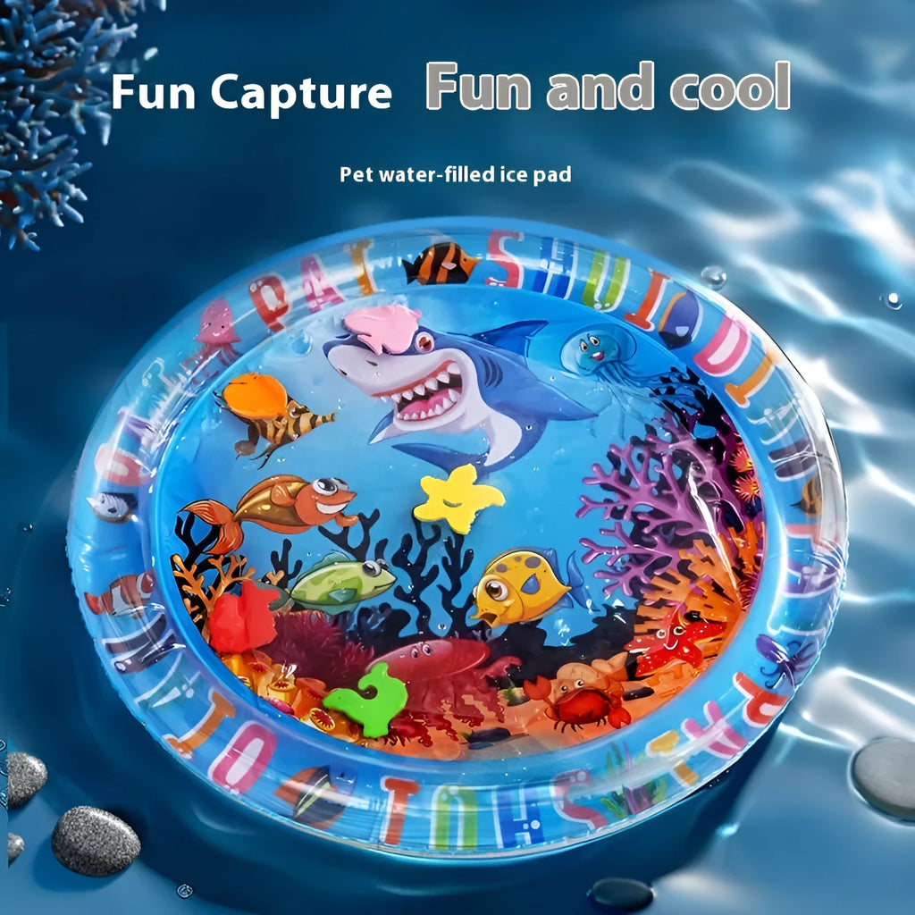 PVC inflatable pet water cooling mattress showing underwater world design for dogs