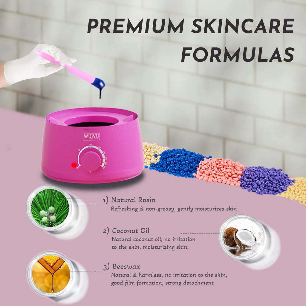 Professional waxing kit with wax warmer, five types of hard wax beans, application sticks, and post-epilation products.