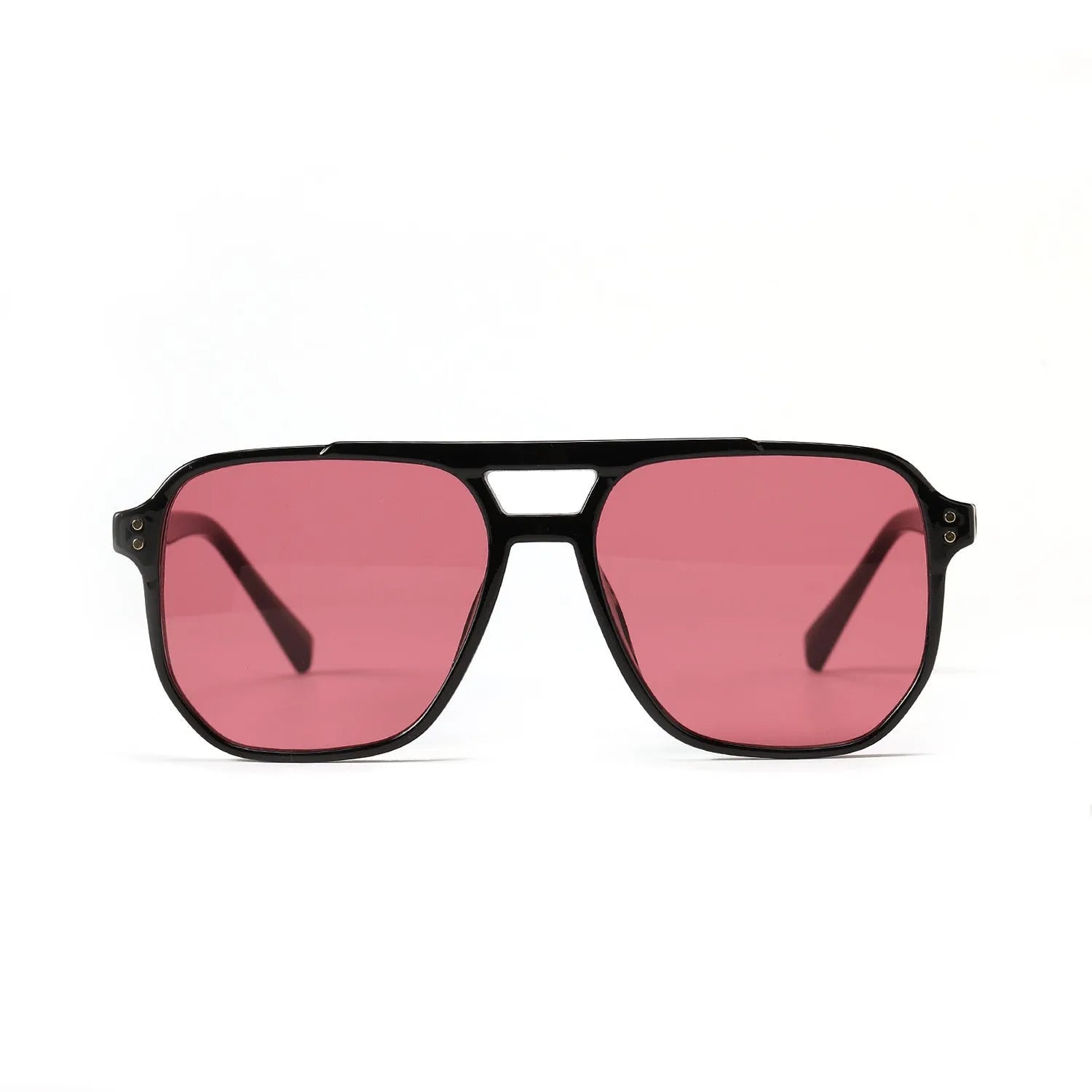 Square double beam full frame sunglasses for women in black frame with pink lenses.