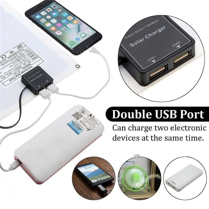 Polysilicon solar panel with dual USB ports for outdoor charging of phones and tablets