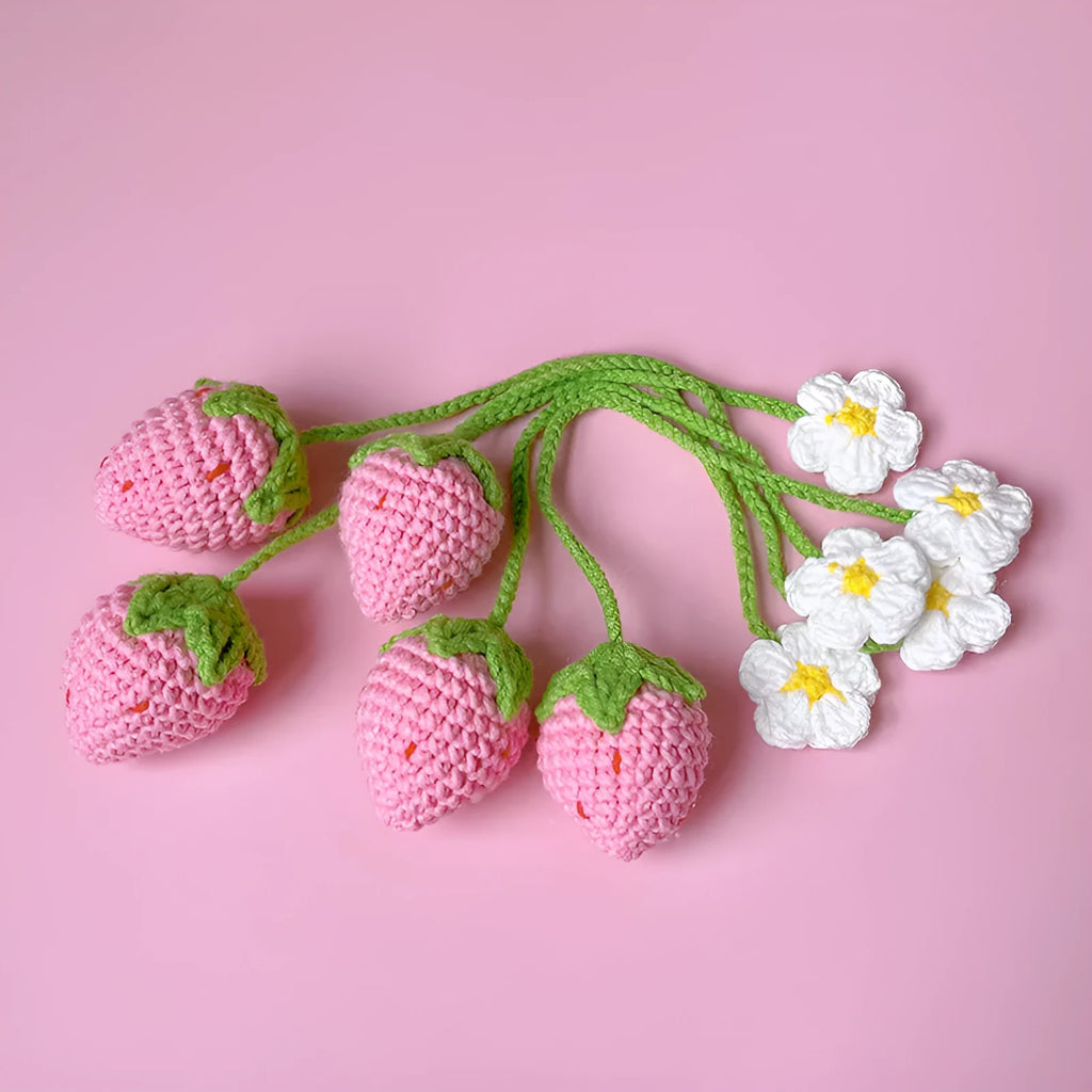 Wool crochet strawberry pendant with 35cm cord, knitted wool construction in pink or red colour