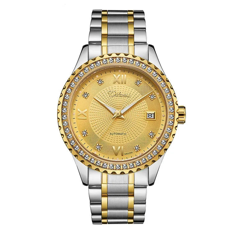 Men's gold automatic mechanical watch with black dial and luminous hands, business style waterproof timepiece