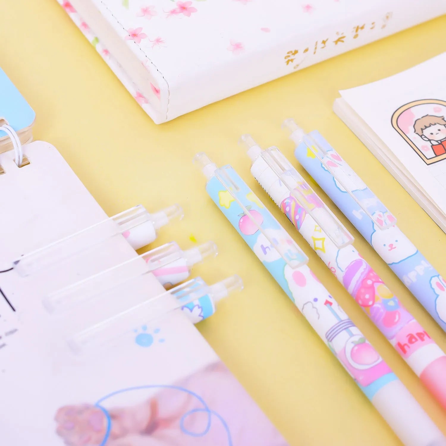 Six cartoon bunny design ballpoint pens with 0.5mm tips and neutral black ink