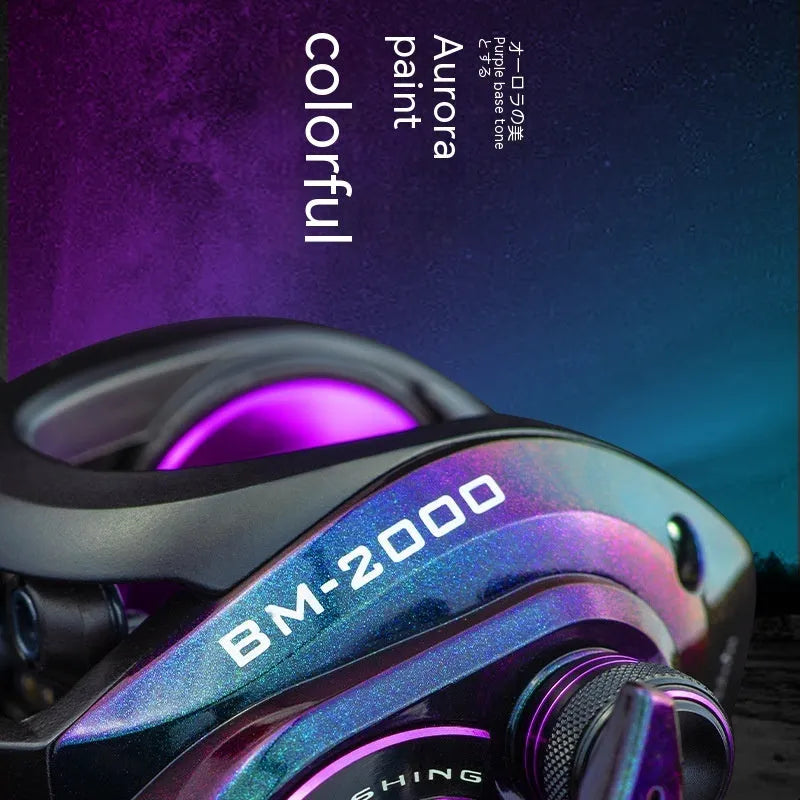 BM2000 fishing reel with magnetic brake water drop system showing left and right hand configuration options