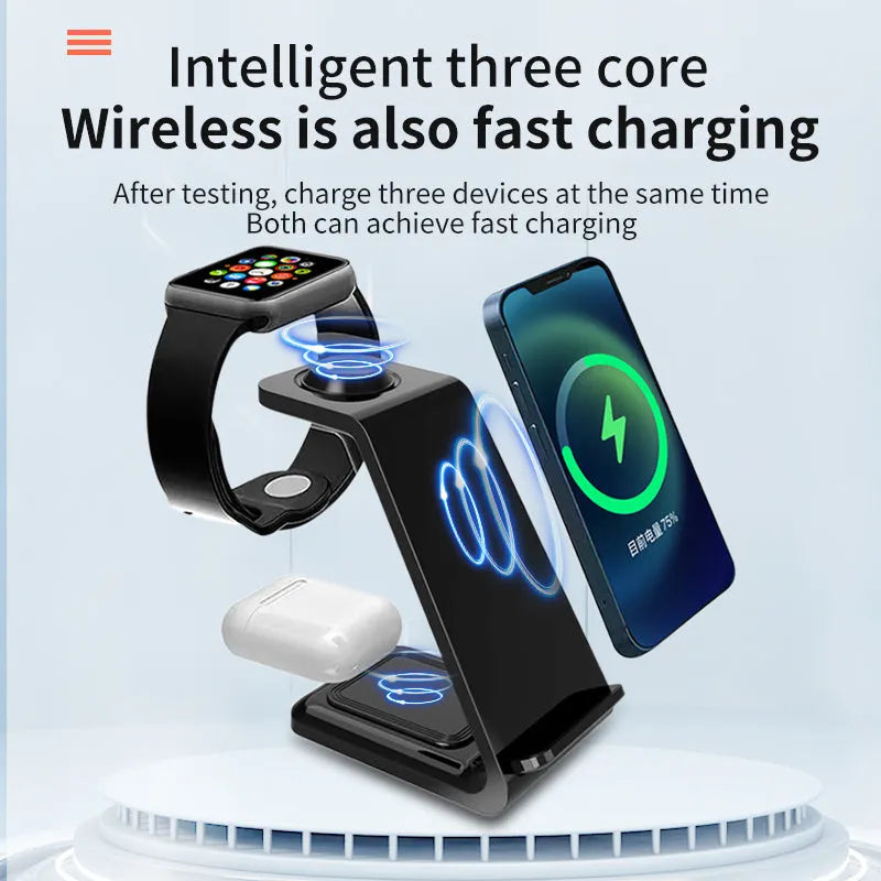 White 3-in-1 wireless charging stand with mobile phone holder upright position