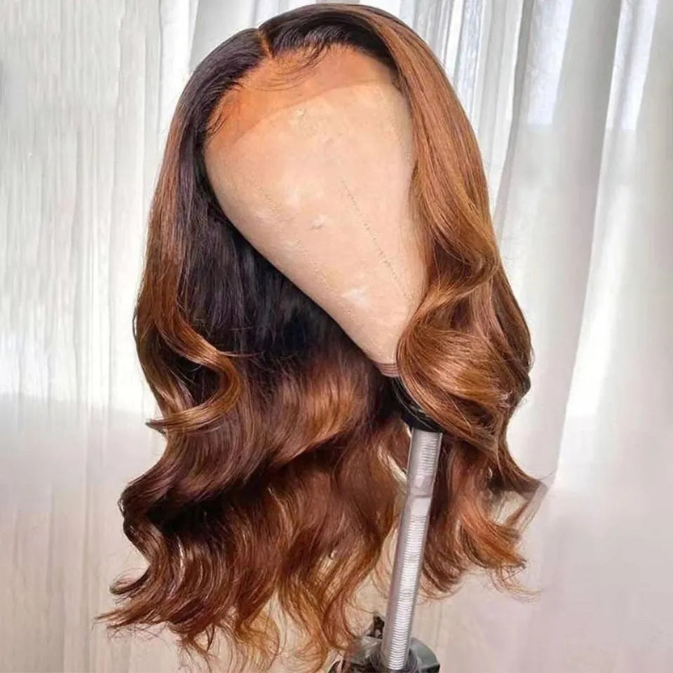 Real human hair Ruili style gradient wig on a stand, showcasing lace front cap construction.