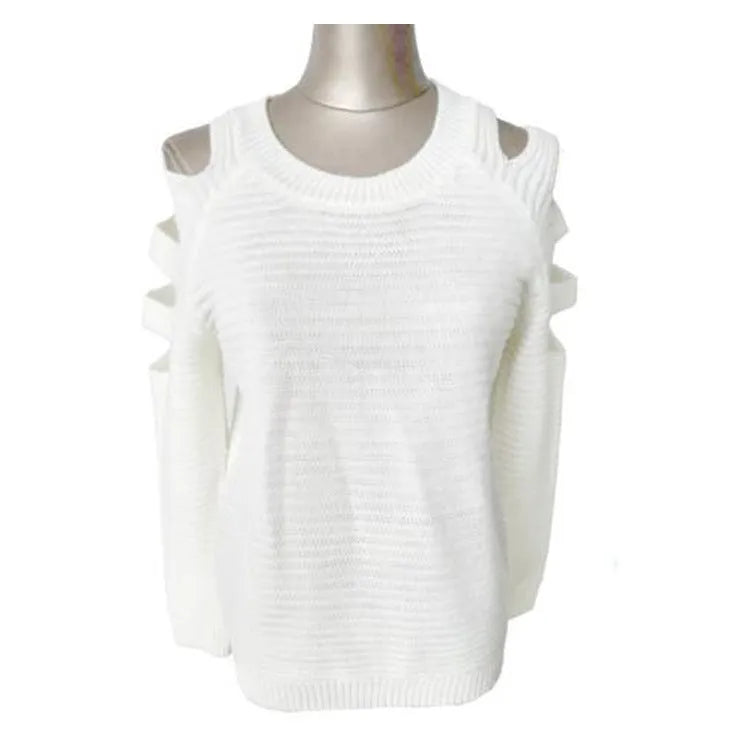 Women's white knitted shirt with crocheted hollow-out pattern and round neck