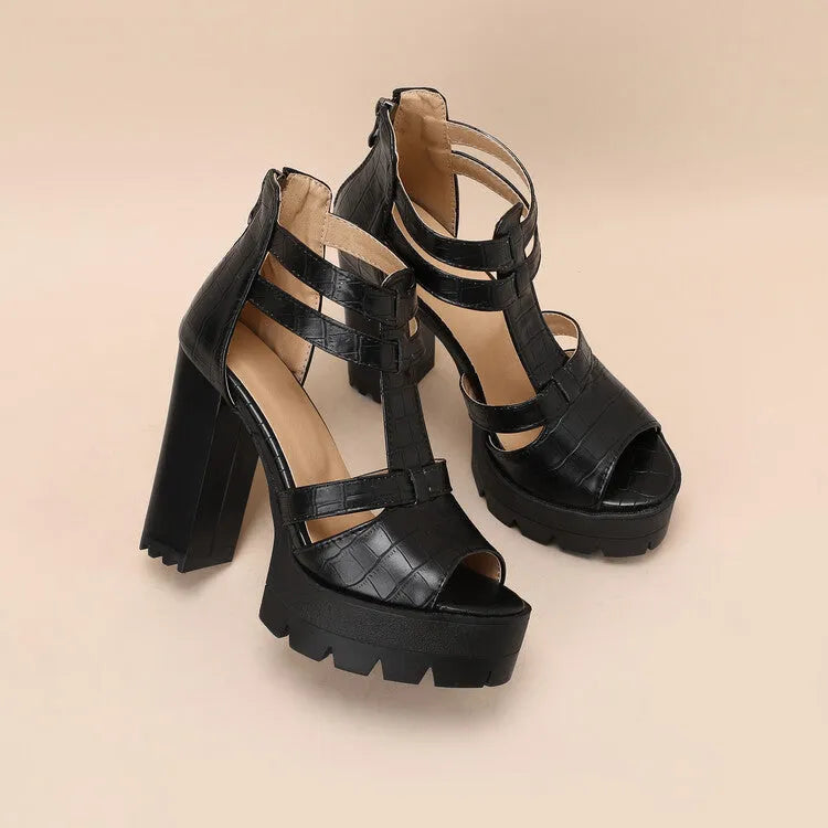 Round toe platform high heel sandals in black, wine red, and yellow with a back zipper.
