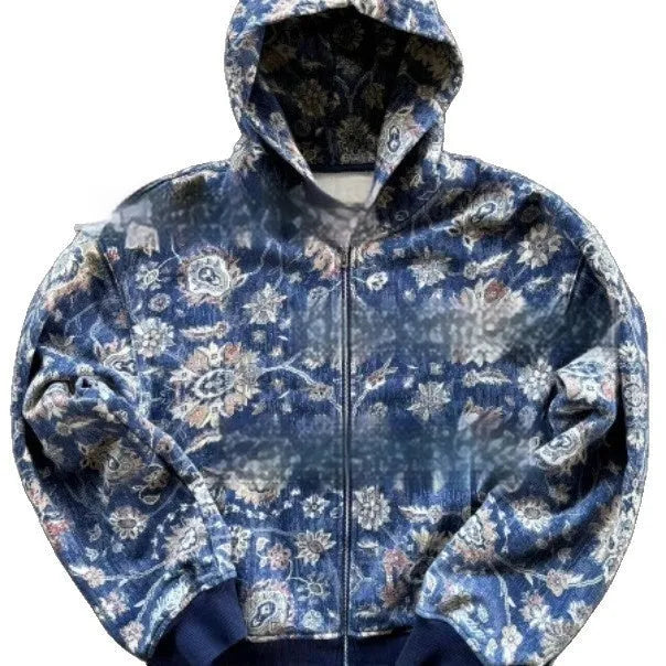 Men's blue loose hooded zip coat with digital printing showing front view