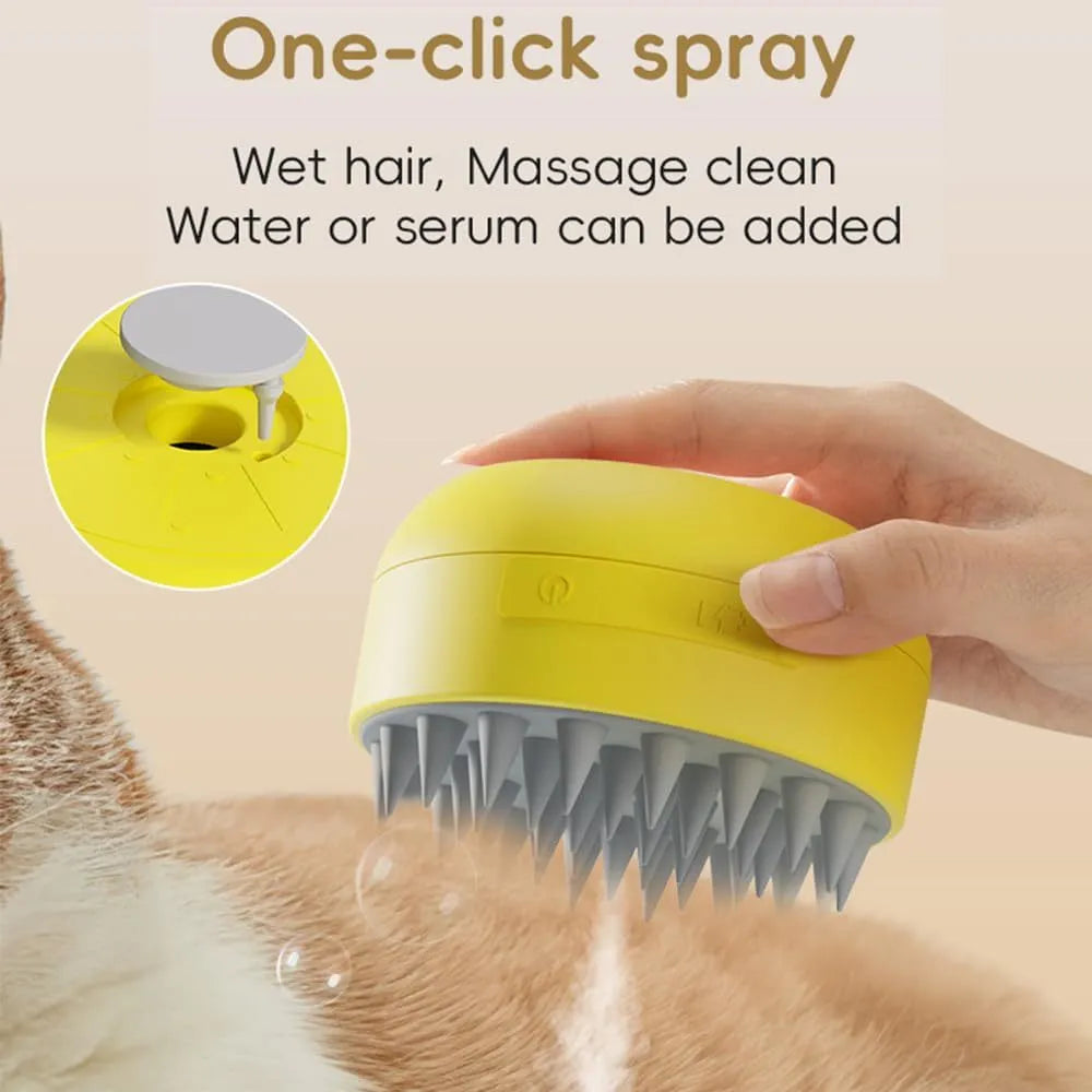Green and yellow rechargeable 3-in-1 cat steam brush for removing tangled hair
