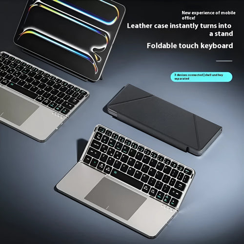 Grey Bluetooth folding keyboard for mobile phones and tablets in folded position
