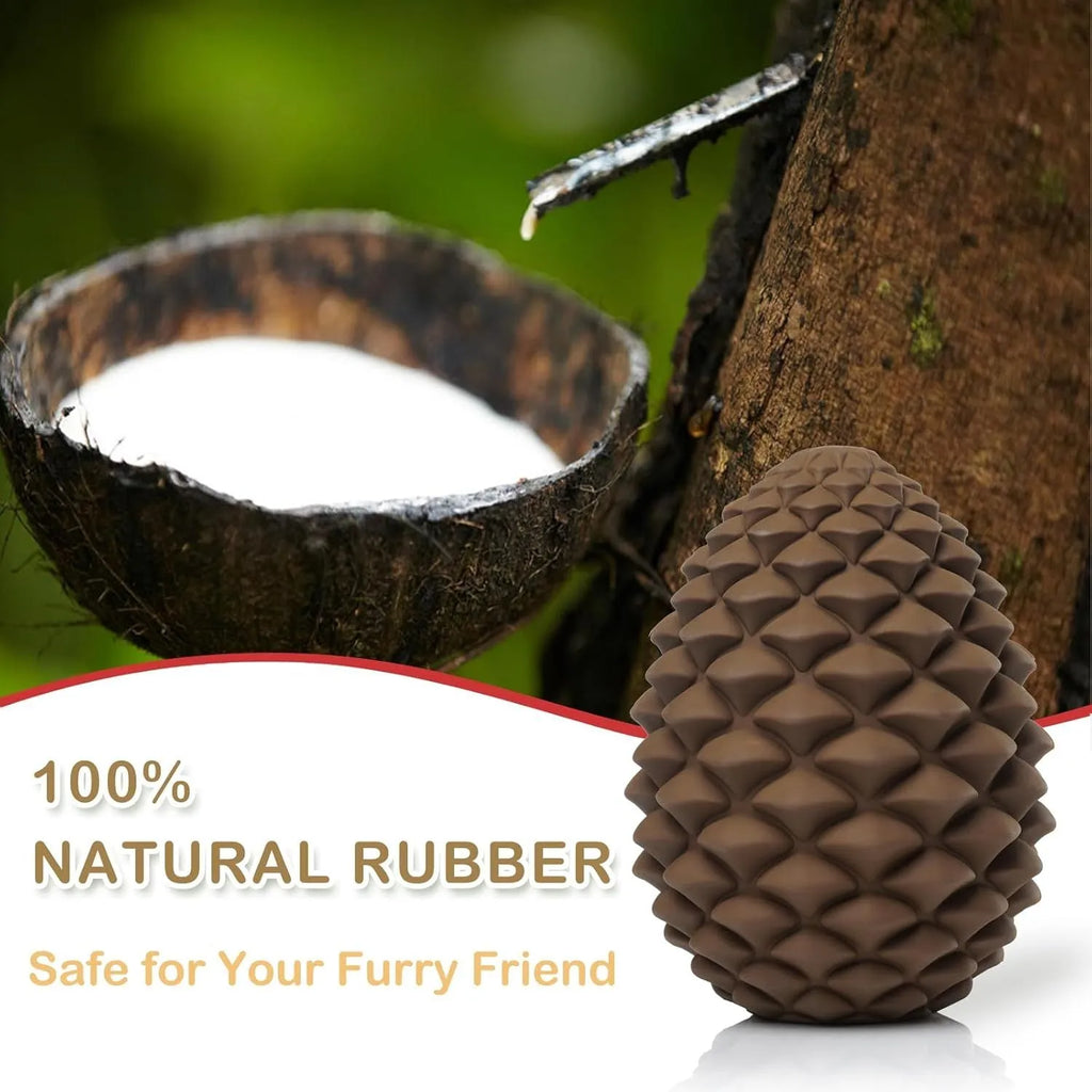 Yellow pine cone shaped indestructible dog chew toy with treat dispenser hole
