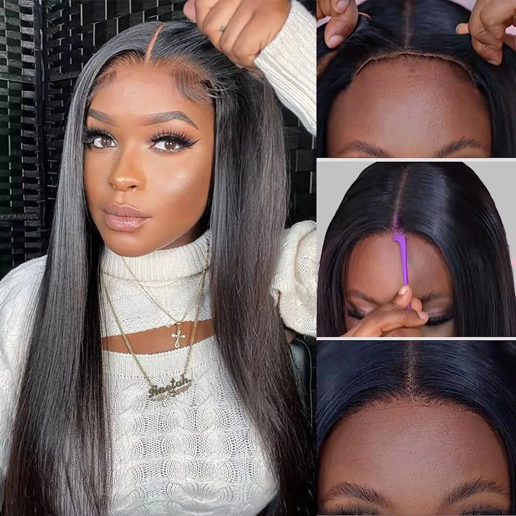 Glueless human hair straight wig with side bangs shown in long length.