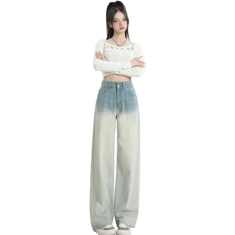 Gradient blue women's denim trousers with straight-leg cut and wider leg opening