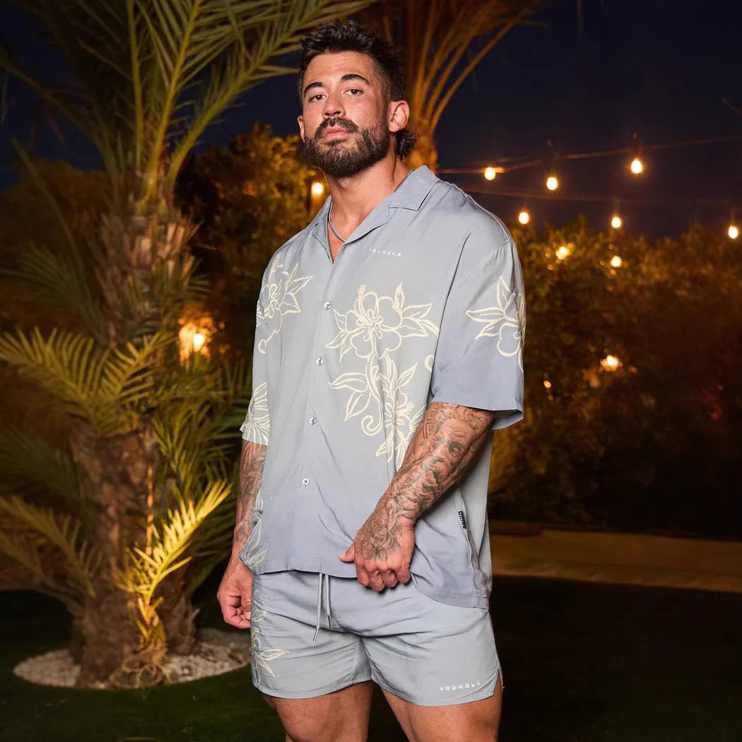 Men's printed flower pattern short sleeve top in polyester fabric with loose casual fit