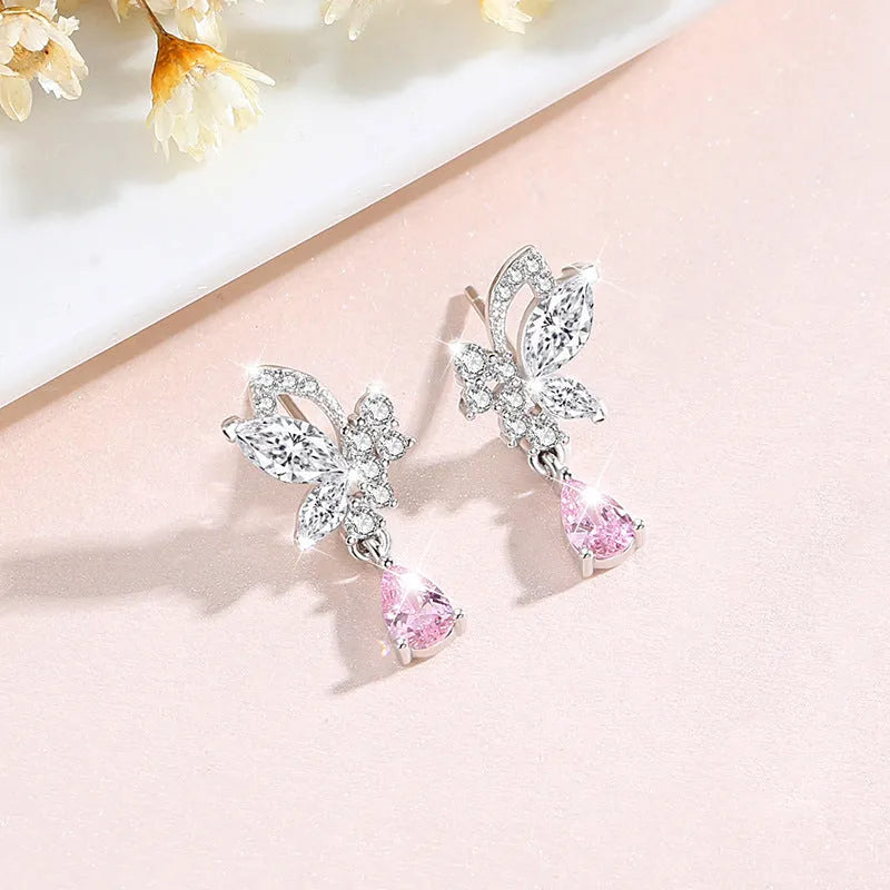 Butterfly design silver stud earrings with colour accents on 925 sterling silver posts