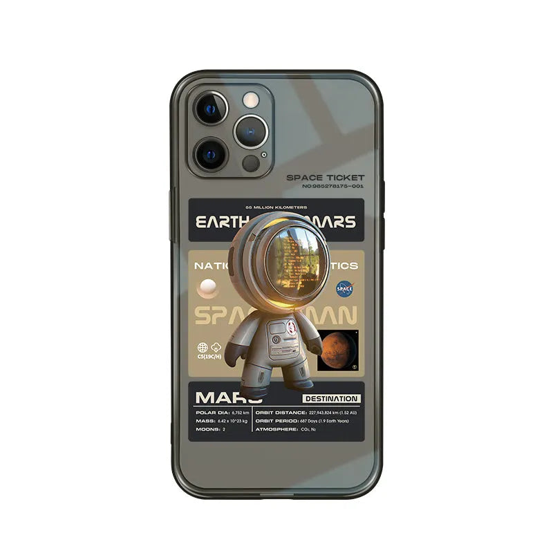 Soft black TPU iPhone case with anti-drop protection showing Mars Ticket and Oasis Flights design options
