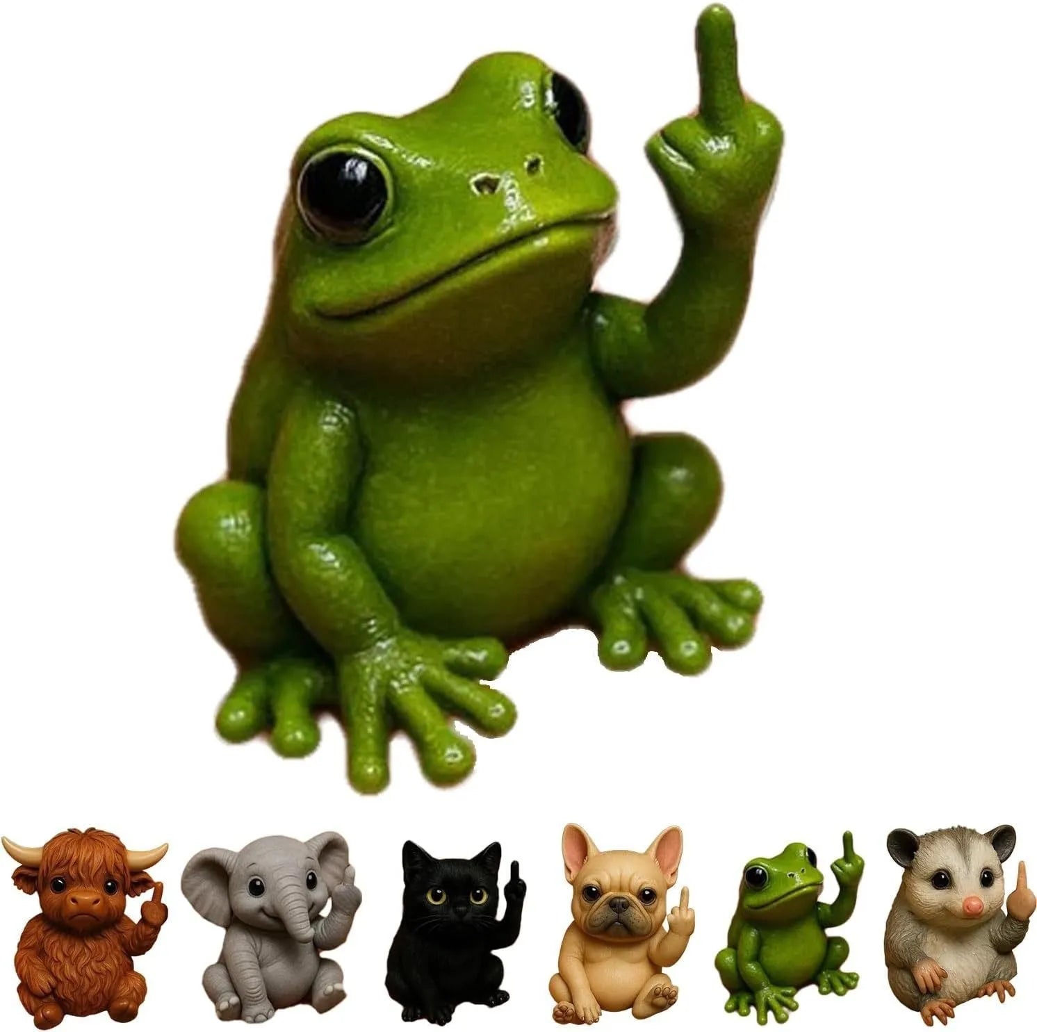 Miniature resin animal doll making a middle finger gesture, available in seven animal styles including cat and dog.