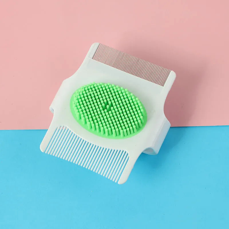 Small blue or green multifunctional dog grooming tool with hair removal and massage functions