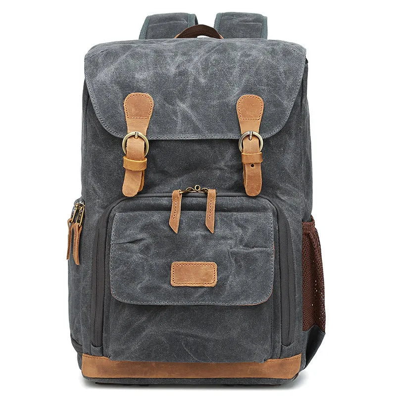 Canvas DSLR camera backpack in khaki colour with backpack straps and storage compartments