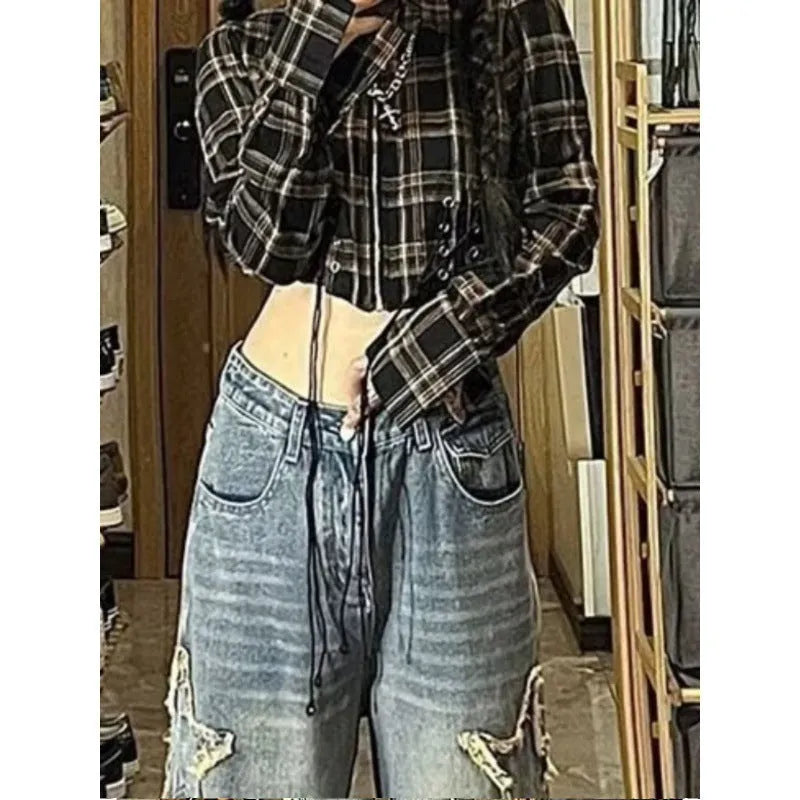 Blue high waist wide-leg denim jeans with straight cut on mannequin