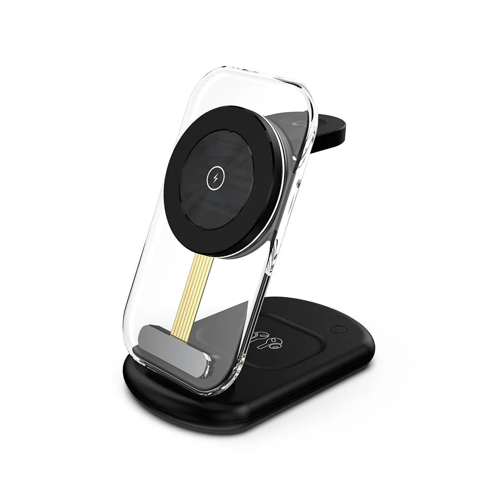 Transparent folding magnetic three-in-one wireless charger showing internal components with QC3.0 fast charge support