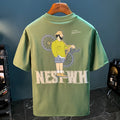 Green men's loose fit t-shirt with trendy literary youth printed design and short sleeves