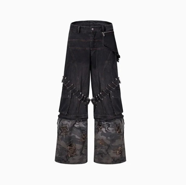 Men's grey camouflage jeans with pin and ribbon details on cotton denim.