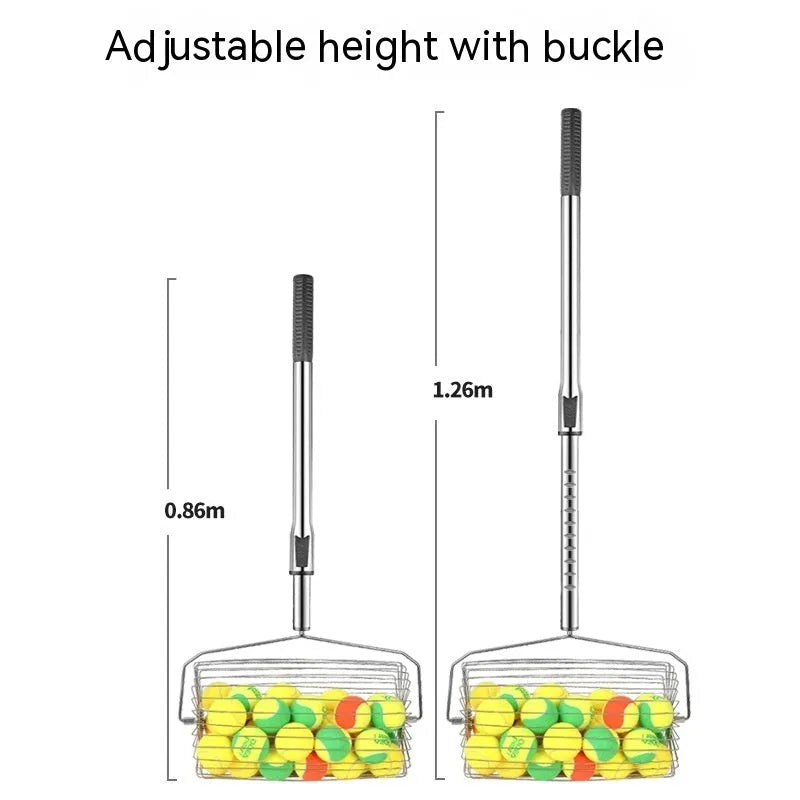 Stainless steel tennis ball picker with adjustable handle and roller mechanism for collecting balls
