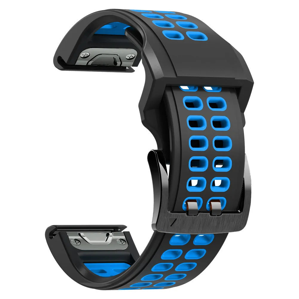 Quick release two-colour silicone watch strap in black orange combination with pin buckle