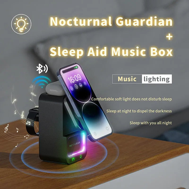 5-in-1 wireless charger Bluetooth speaker with 23W output in black or white finish supporting magnetic fast charge