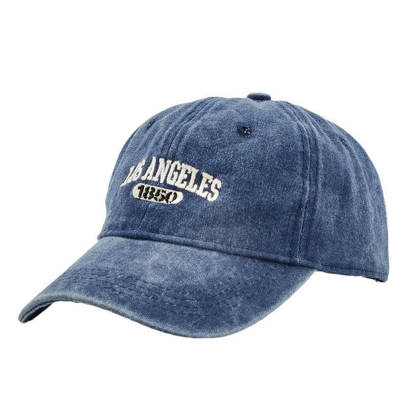 Retro adjustable peaked cap with distressed embroidery in conical crown design