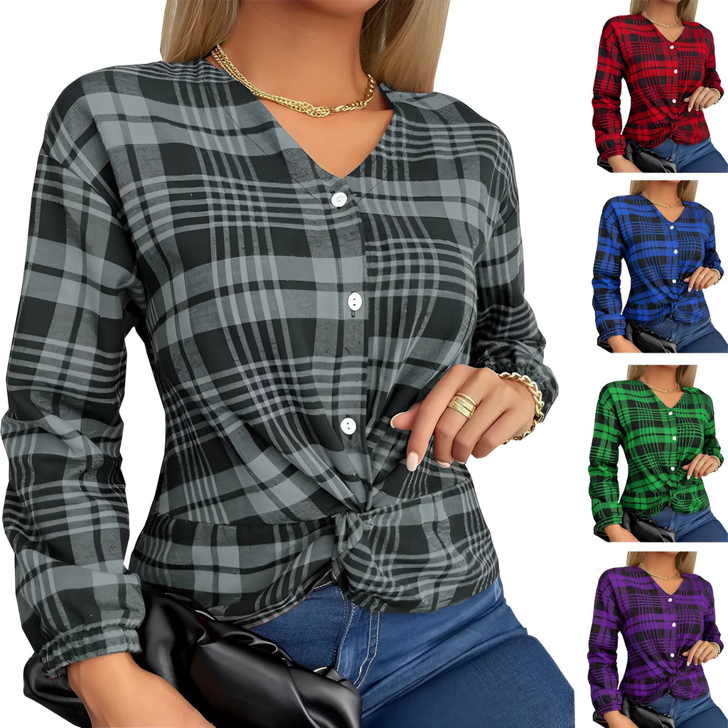 Women's purple loose fit plaid shirt with regular sleeves on a hanger.