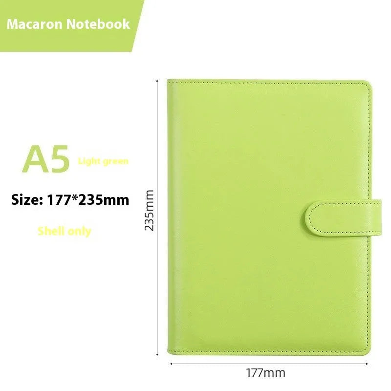 A5 PU leather zippered notebook shell in multiple solid colours including pink, blue, and black.